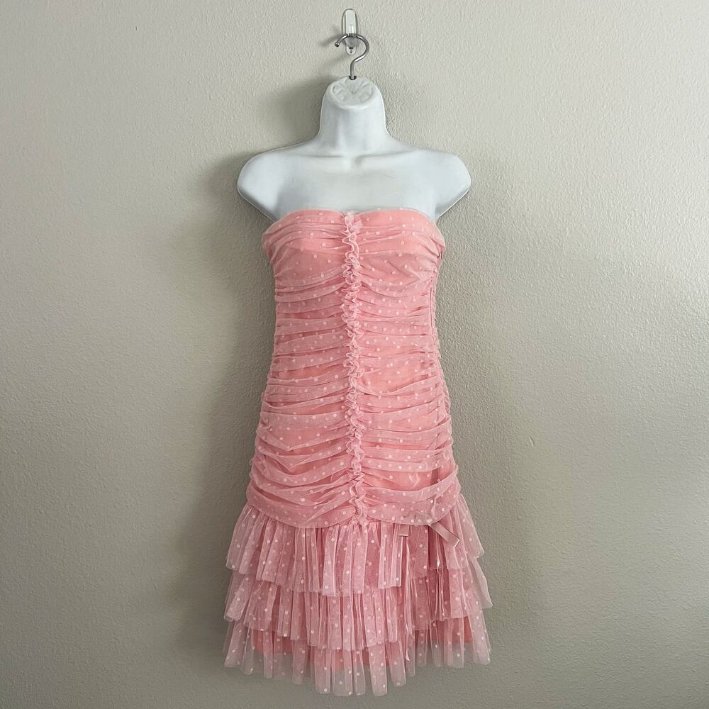 Y2K Ruffle Polka Dot Chiffon Coquette Strapless Mini Dress Homecoming Size 4
